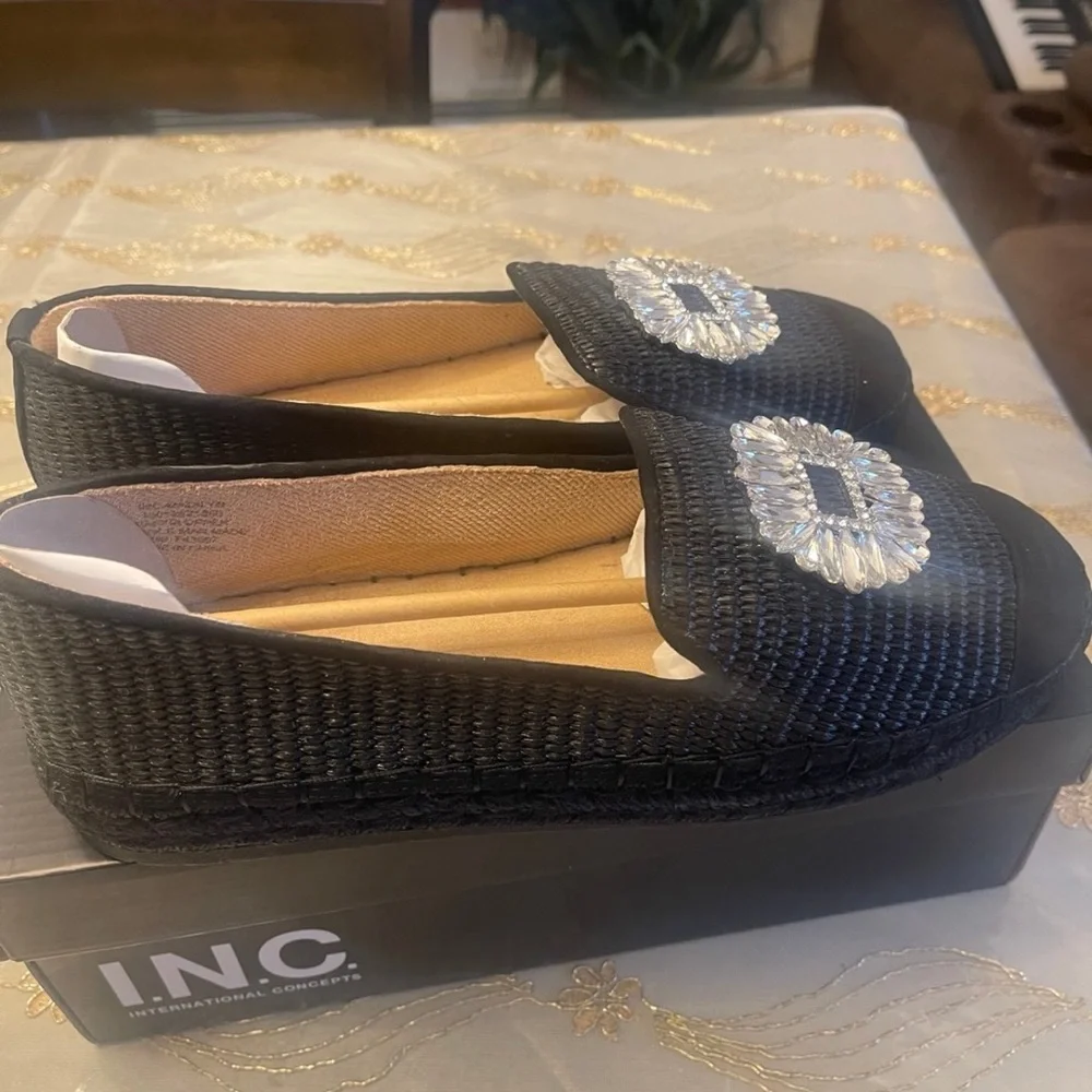INC International Concepts Black Espadrille Loafers with Silver Accent Brooch